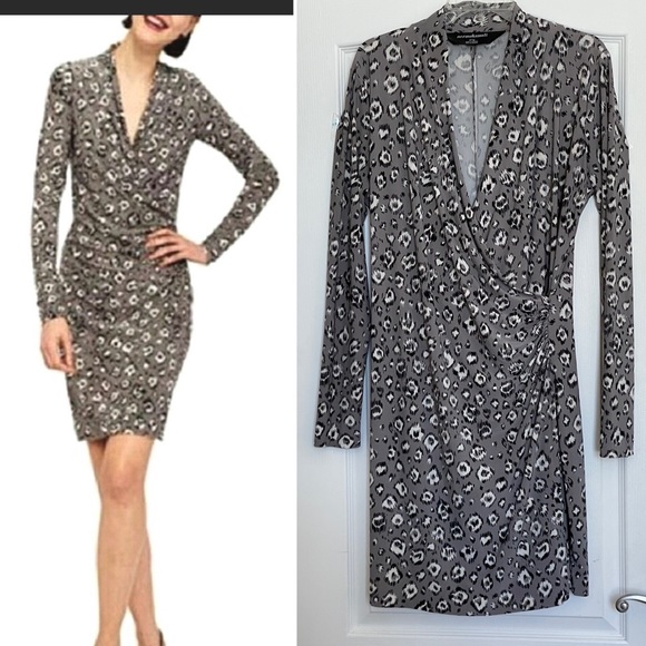 Norma Kamali Dresses & Skirts - NORMA KAMALI FAUX WRAP DRESS. LIKE NEW! GRAY ANIMAL PRINT. V NECK, LONG SLEEVE